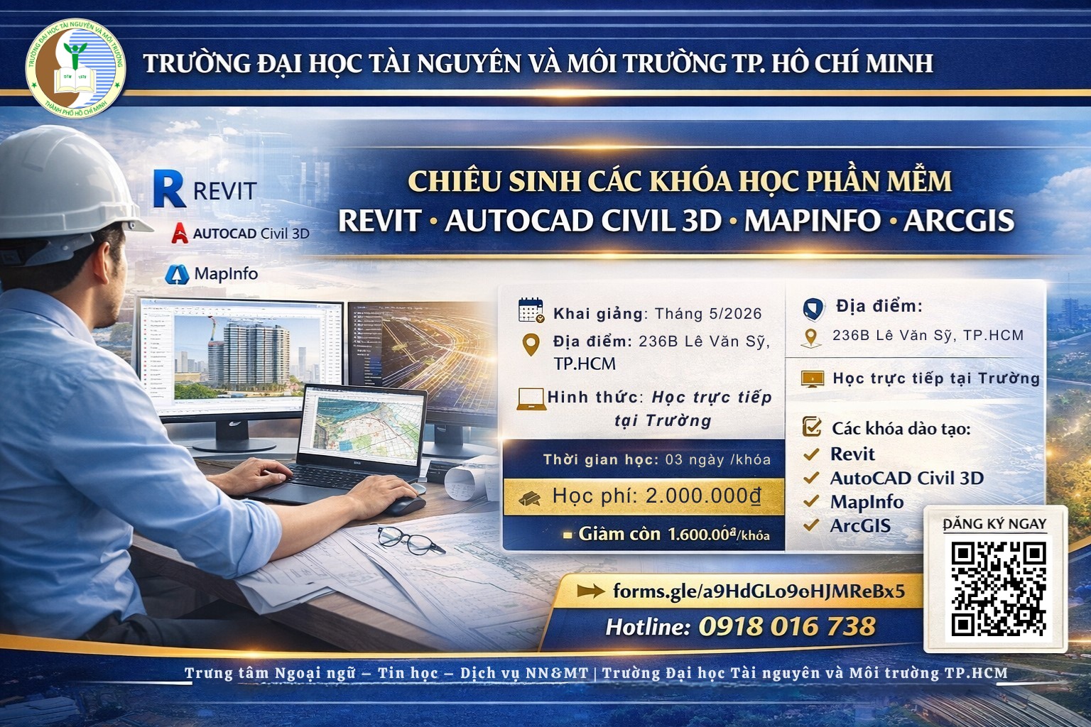 Lớp bồi dưỡng phần mềm về Revit; AutoCAD Civil 3D; MapInfo; ArcGIS