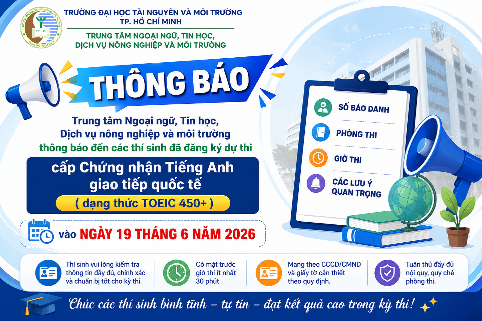 Thông báo số báo danh, phòng thi và giờ thi cấp Chứng nhận Tiếng Anh (dạng thức TOEIC 450+)(dạng thức TOEIC 450+)